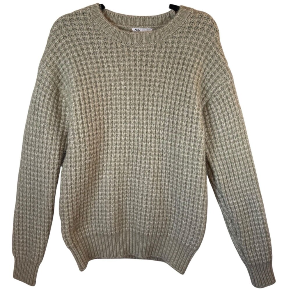 Zara Sweater Women's Medium Alpaca Blend Chunky Waffle Knit Green‎ Stretch